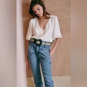 Sezane‎ Thalia loose blouse white lace sleeves button down v neck Size 34 US 4
